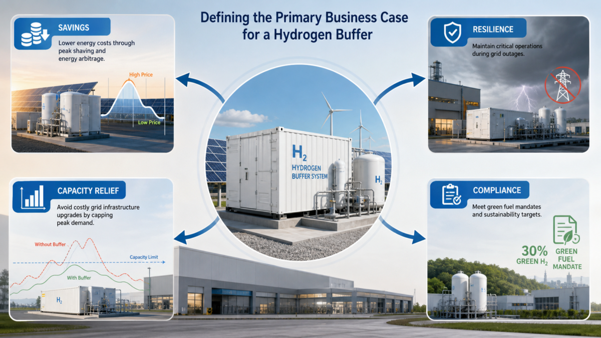 A clear diagram showing four distinct pathways—Savings, Resilience, Capacity Relief, Compliance—originating from a central green hydrogen buffer system.
