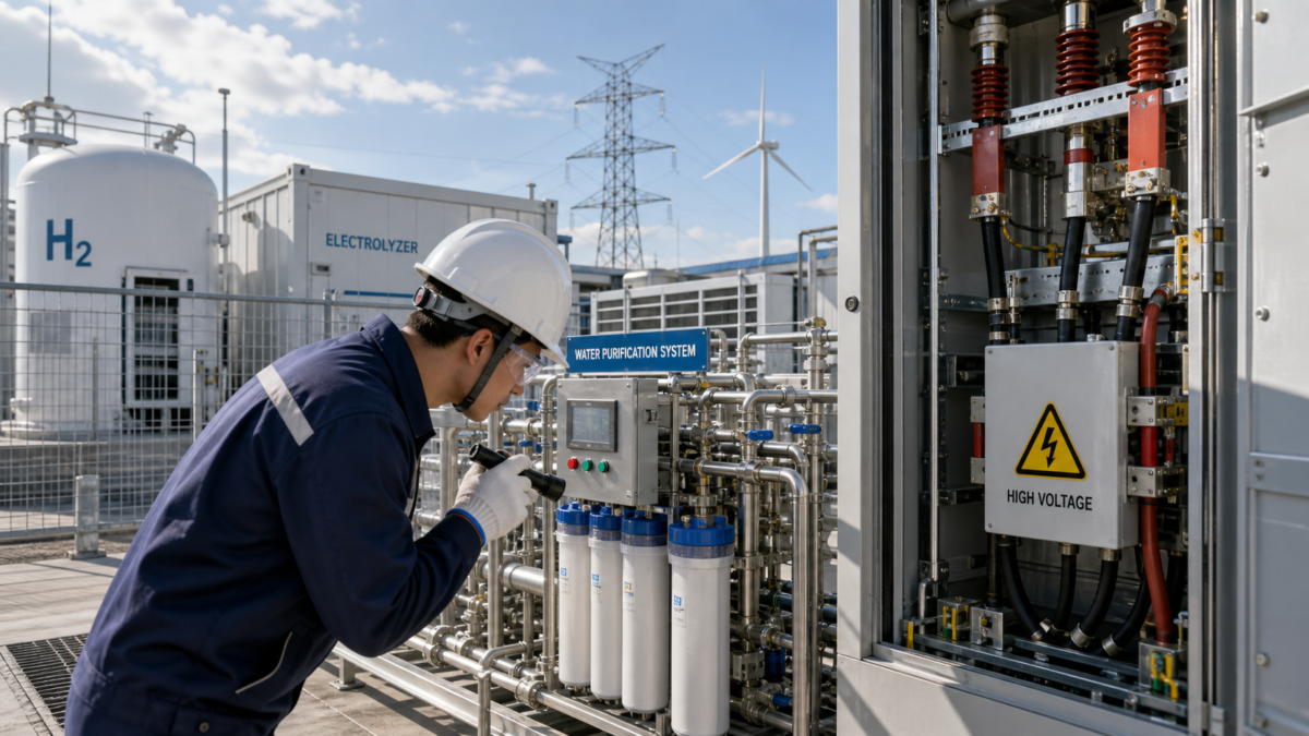 A technician closely inspecting the water purification system and high-voltage grid connection point at a hydrogen production facility.