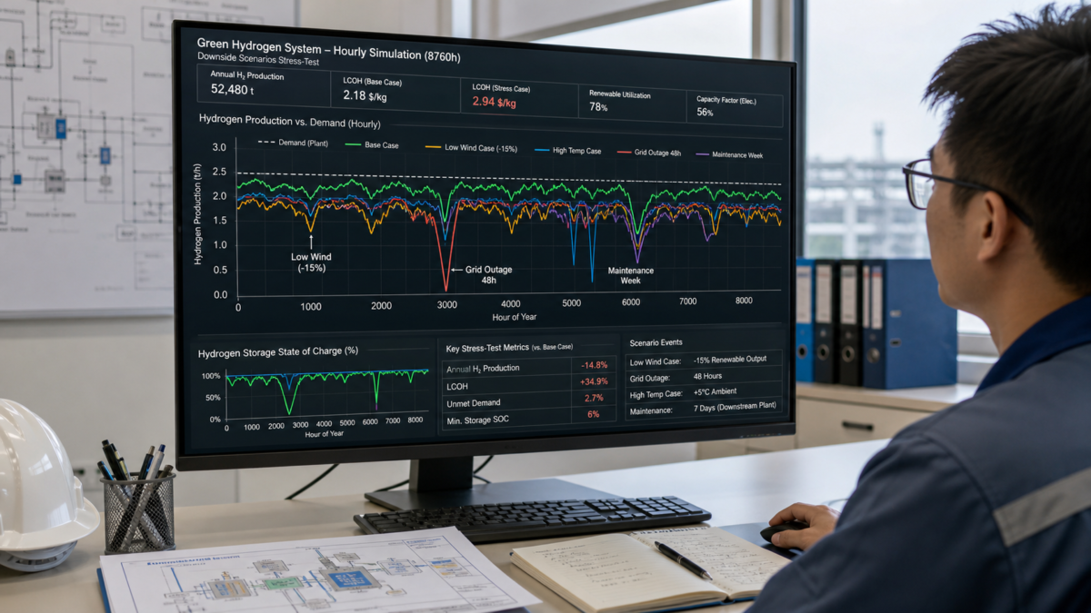 A computer monitor showing a complex hourly simulation graph with performance lines dipping under various stress-test conditions like 'low wind' and 'grid outage'.