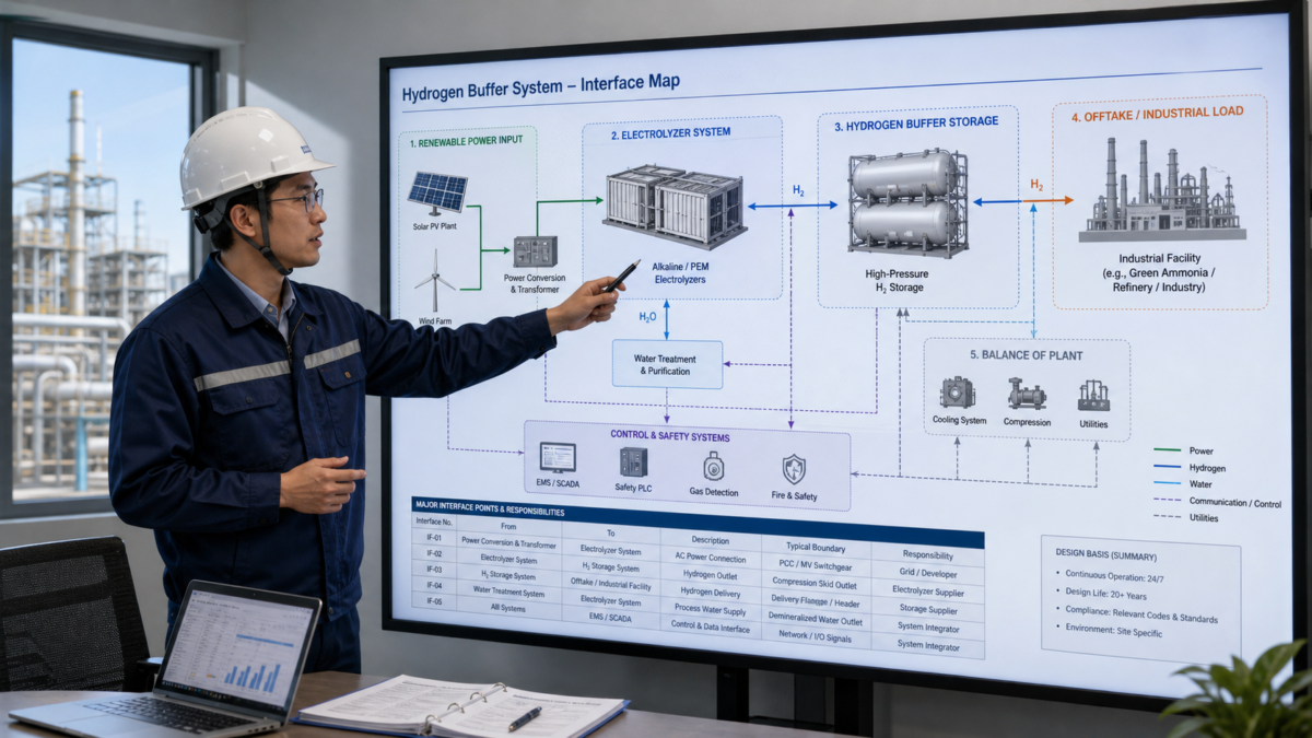 An engineer pointing to a detailed interface diagram on a large screen, showing clear connection points between electrolyzers, hydrogen storage, and an industrial factory.