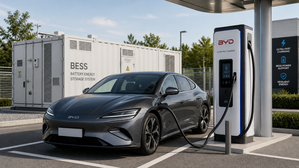 A sleek BYD electric car plugged into an ultra-fast charging station with a large BESS container visible behind it
