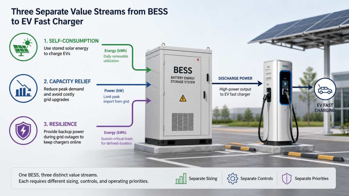 A diagram showing three separate value streams—self-consumption, capacity relief, resilience—flowing from a central BESS to an EV charger