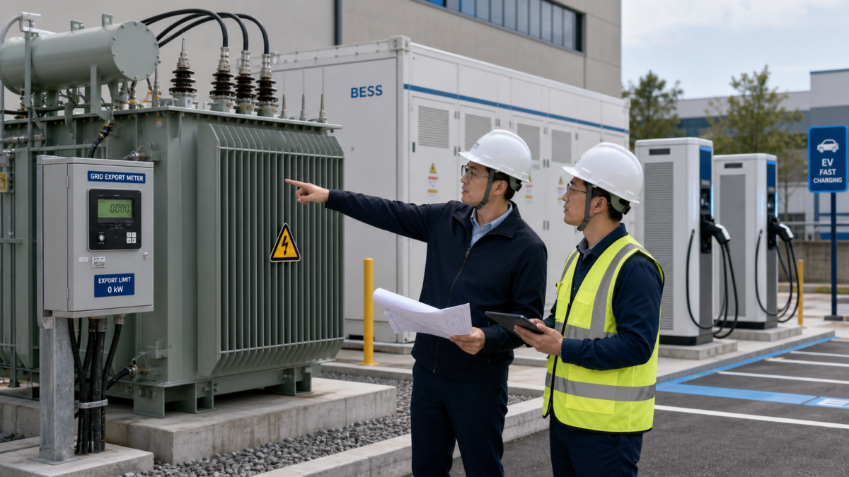 An engineer pointing to a utility transformer and a grid export meter, discussing BESS sizing for an EV station