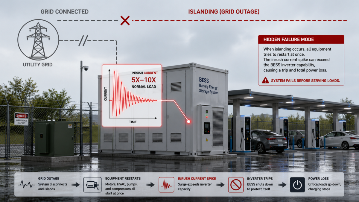 A graphic showing a power grid icon disconnected from a facility with a BESS, highlighting a large inrush current spike