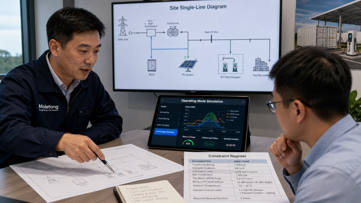 A project manager reviewing a site single-line diagram, a constraint register, and a simulation on a tablet with a client