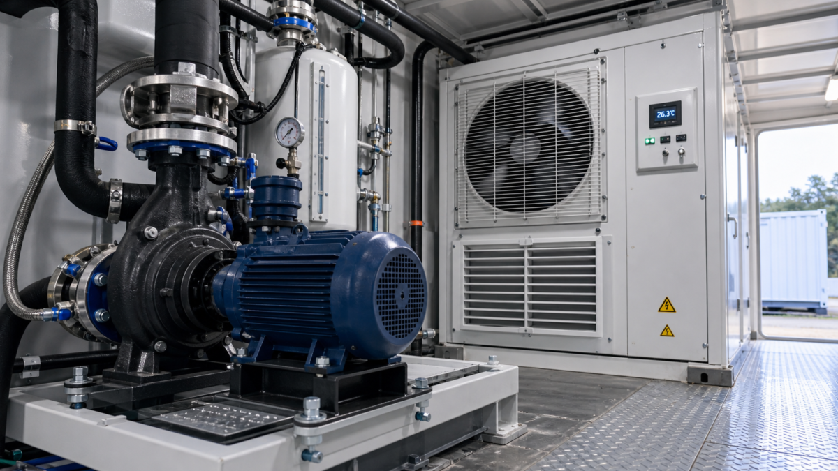 A close-up view of a BESS container's liquid cooling system pump and HVAC unit in operation
