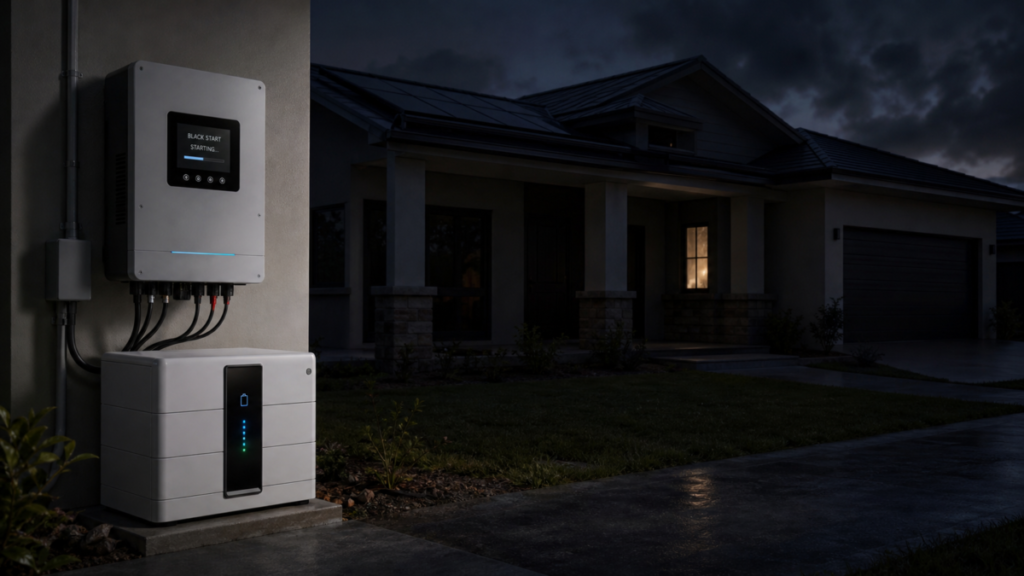 A residential battery inverter struggling to power up a dark house during a blackout