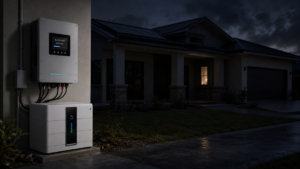 A residential battery inverter struggling to power up a dark house during a blackout