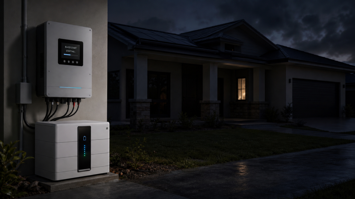 A residential battery inverter struggling to power up a dark house during a blackout