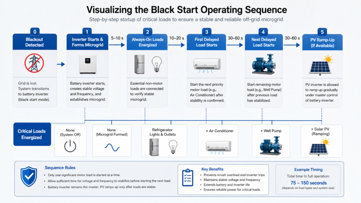 A flowchart diagram showing the correct sequential startup of critical loads during a black start event