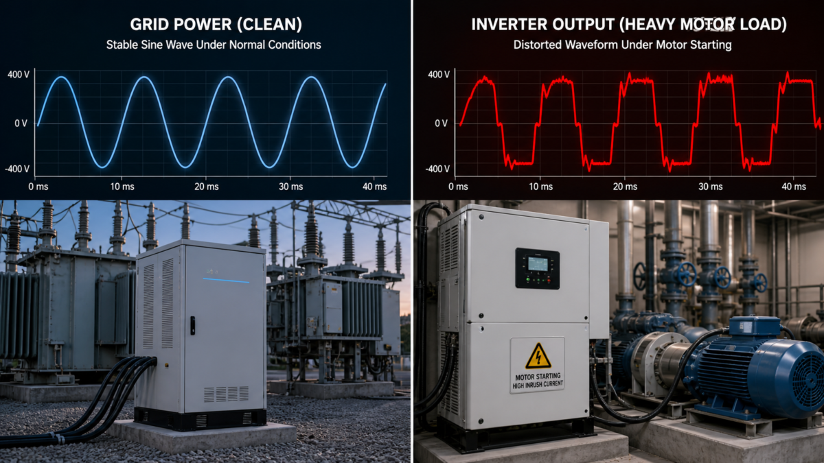 A split screen showing a clean grid sine wave versus a distorted inverter wave under heavy motor load