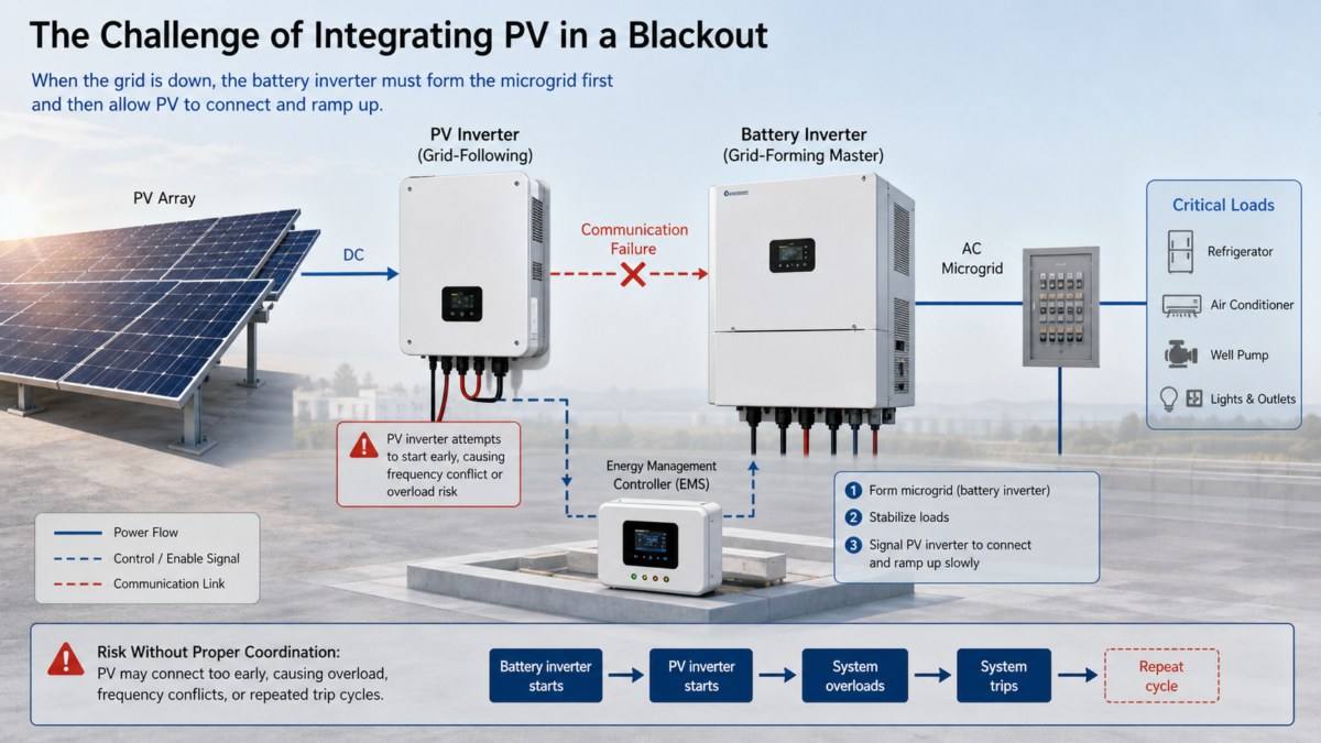 A diagram of a PV array and battery inverter showing a communication failure during a grid outage