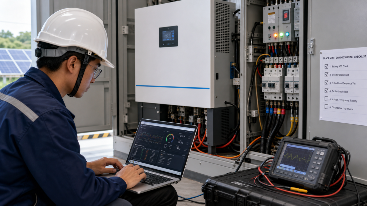 An engineer with a laptop performing a commissioning test on a battery inverter and electrical panel