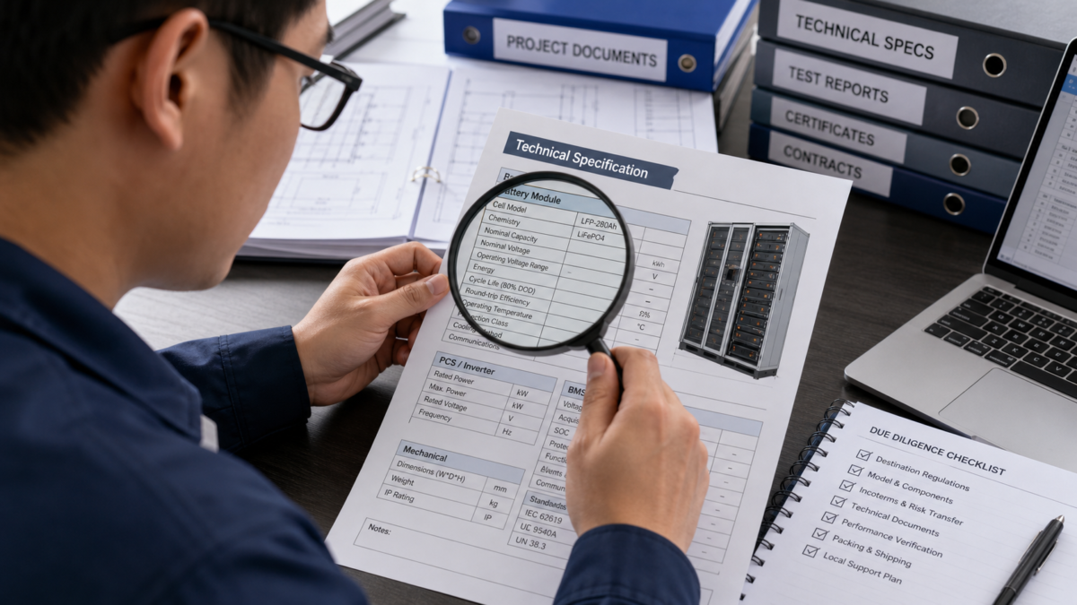 Key Details to Scrutinize in Battery Specs An inspector using a magnifying glass to scrutinize a battery system's technical specification sheet.