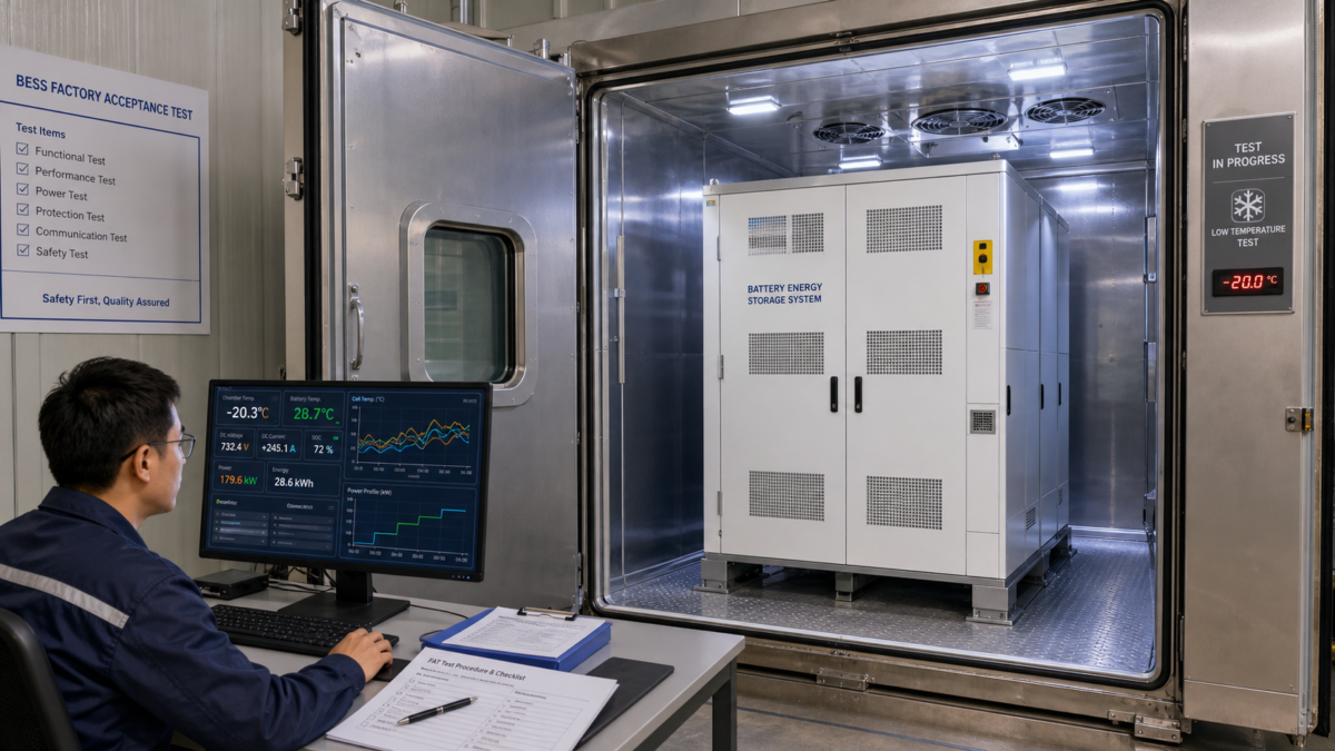 Verifying Custom Battery Performance Under Stress A battery energy storage system undergoing performance stress-testing in an industrial environmental chamber.