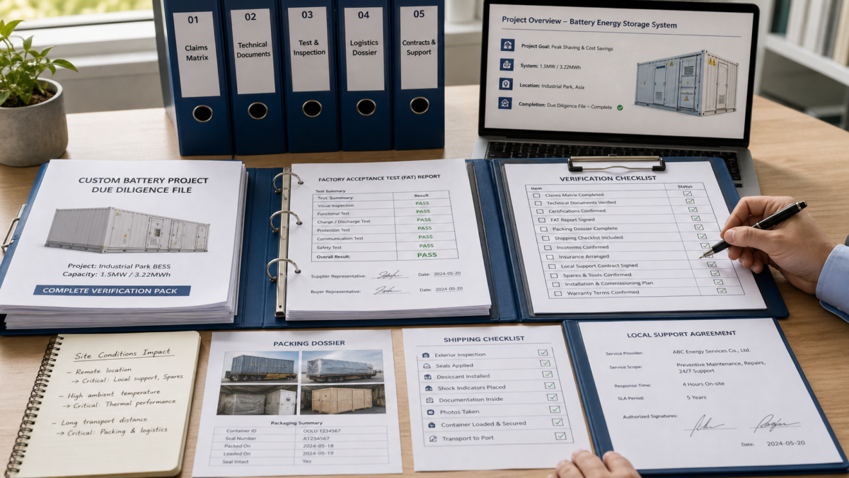 The Final Verification Plan for Battery Buyers A project manager's desk showing a complete due-diligence file with signed contracts and checklists.