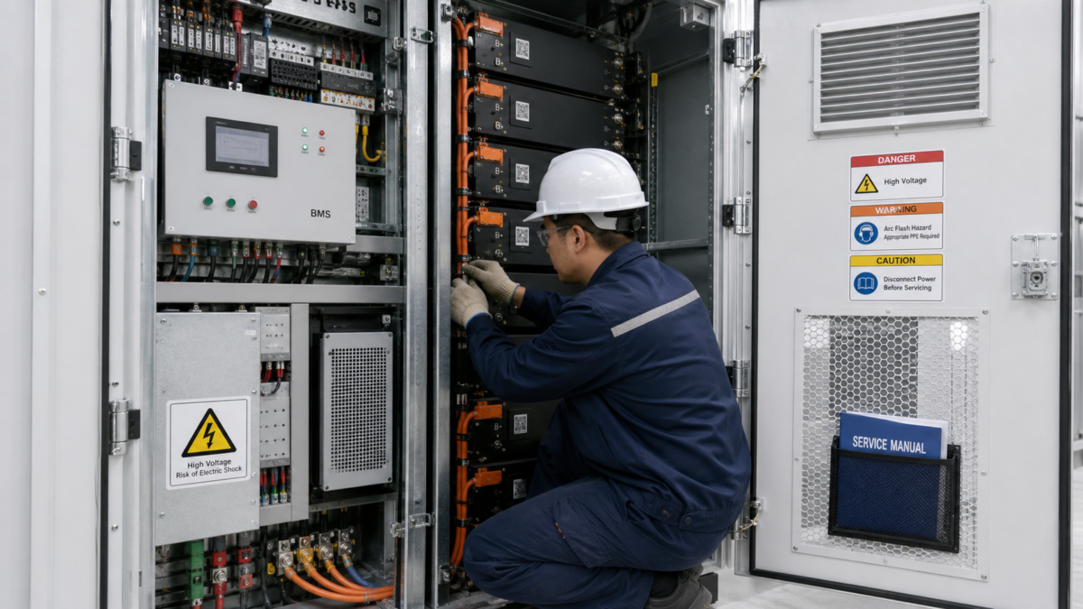 A technician performing maintenance inside a spacious BESS cabinet with clear access to components and safety labels