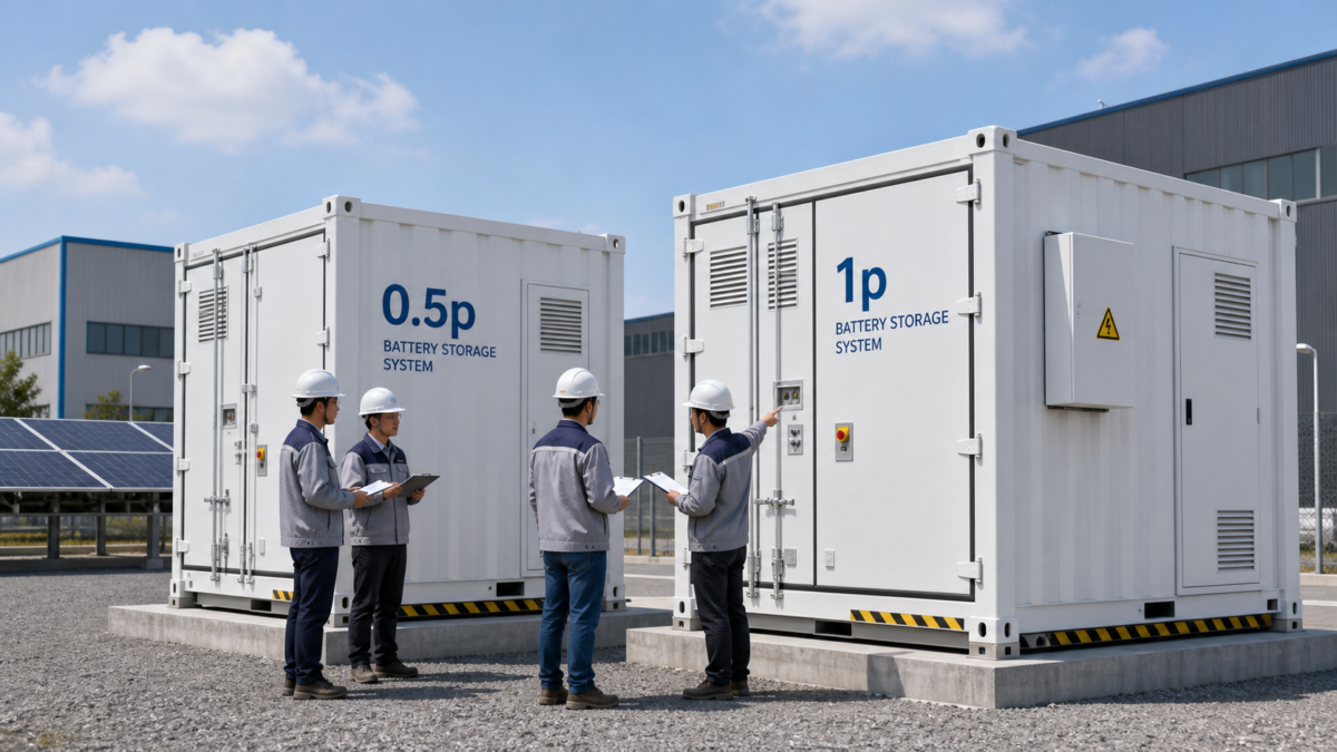 Comparing 0.5p and 1p Battery Storage Systems Two different battery energy storage containers one labeled 0.5p and the other 1p being inspected by engineers