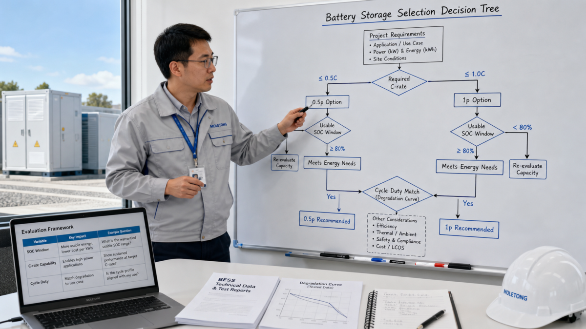 Making a Measurable Battery Storage Decision A design engineer pointing to a whiteboard with a decision tree for battery storage selection including C-rate and SOC