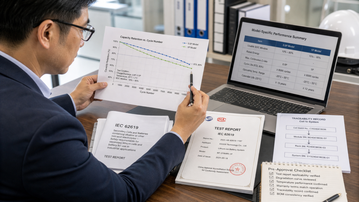 Essential Data for BESS Procurement Decisions An asset manager carefully reviewing a battery degradation curve graph and third-party test certification documents at a desk