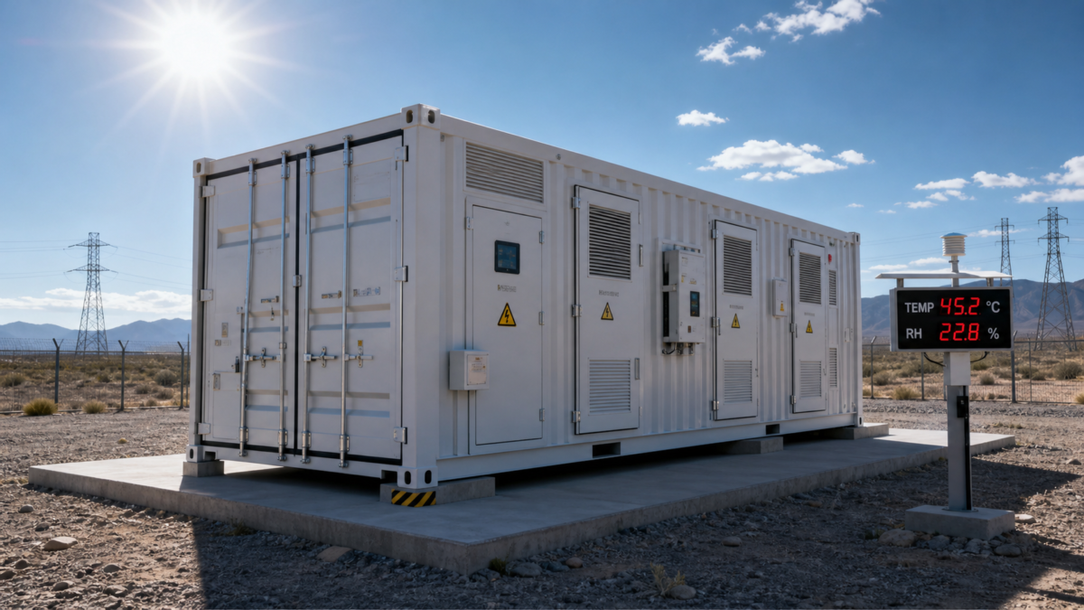 Understanding Dwell Time and Calendar Aging Risk A containerized battery storage system sitting idle under the hot sun showing the impact of environmental conditions