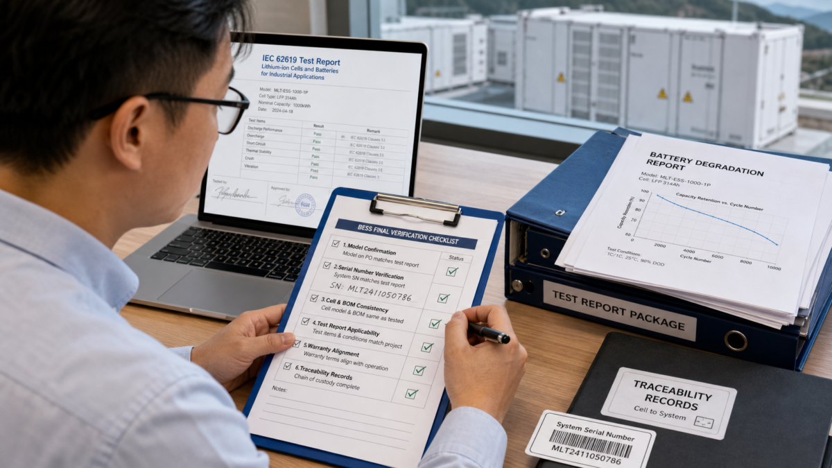 Final Verification Before BESS Project Approval A procurement manager using a checklist to verify a battery system's serial number against a test report