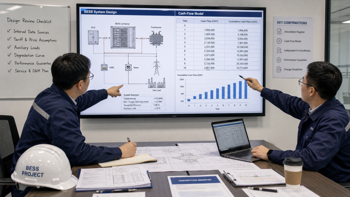 Two engineers at a design review meeting pointing to BESS schematics and a cash-flow model on a screen